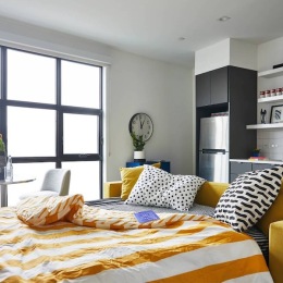 a bed and couch in a studio